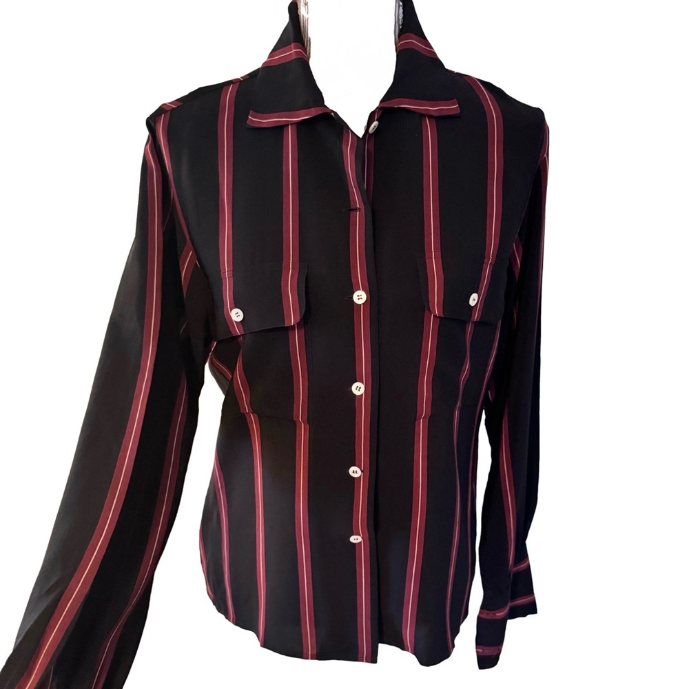 Vintage Calvin Klein Silk Black & Red Striped Blouse With Cuff Link Style Cuffs